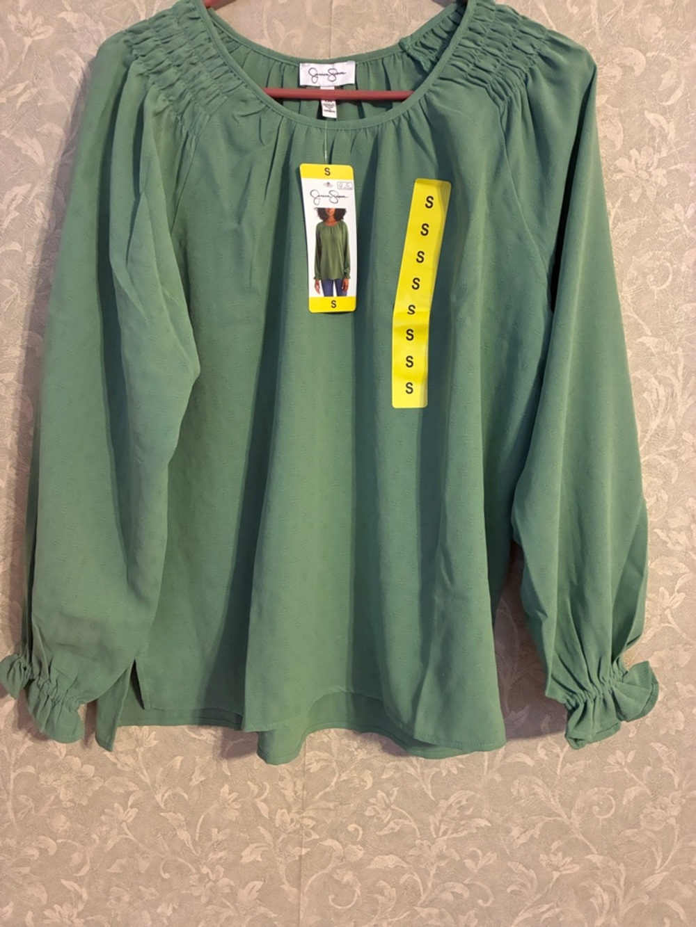 Jessica Simpson Sage Green Smocked Yoke Long Sleeve Blouse